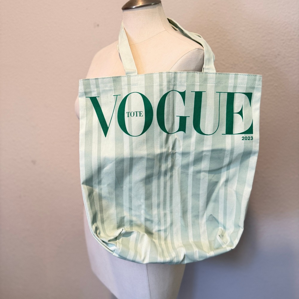 Vogue 2023 Tote Bag‎ Mint Green White Striped Canvas Fashion Promo Shopper